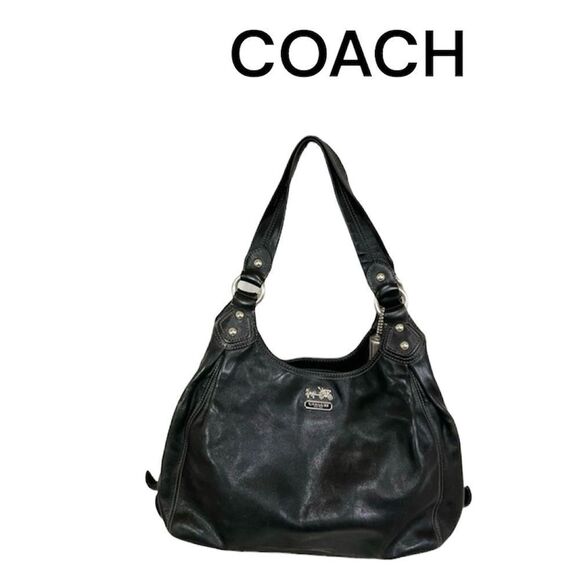 Coach Woman Black Leather Madison Maggie 3 Section Hobo Shoulder Tote Bag 14336